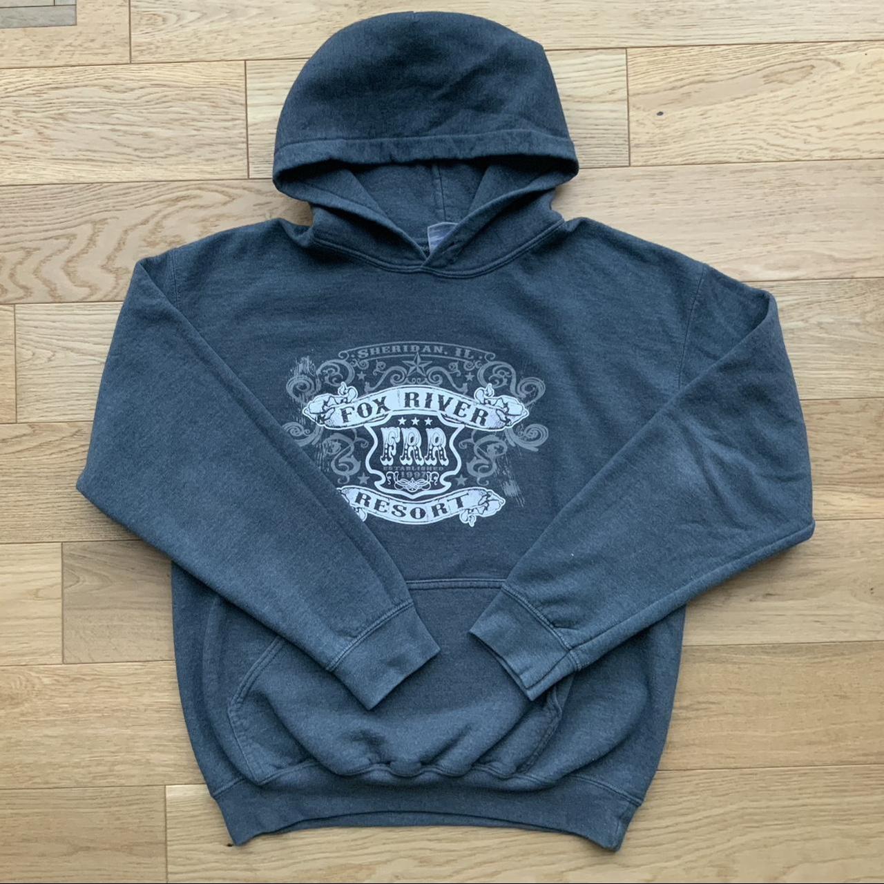 Gildan Men's Grey and Navy Hoodie | Depop