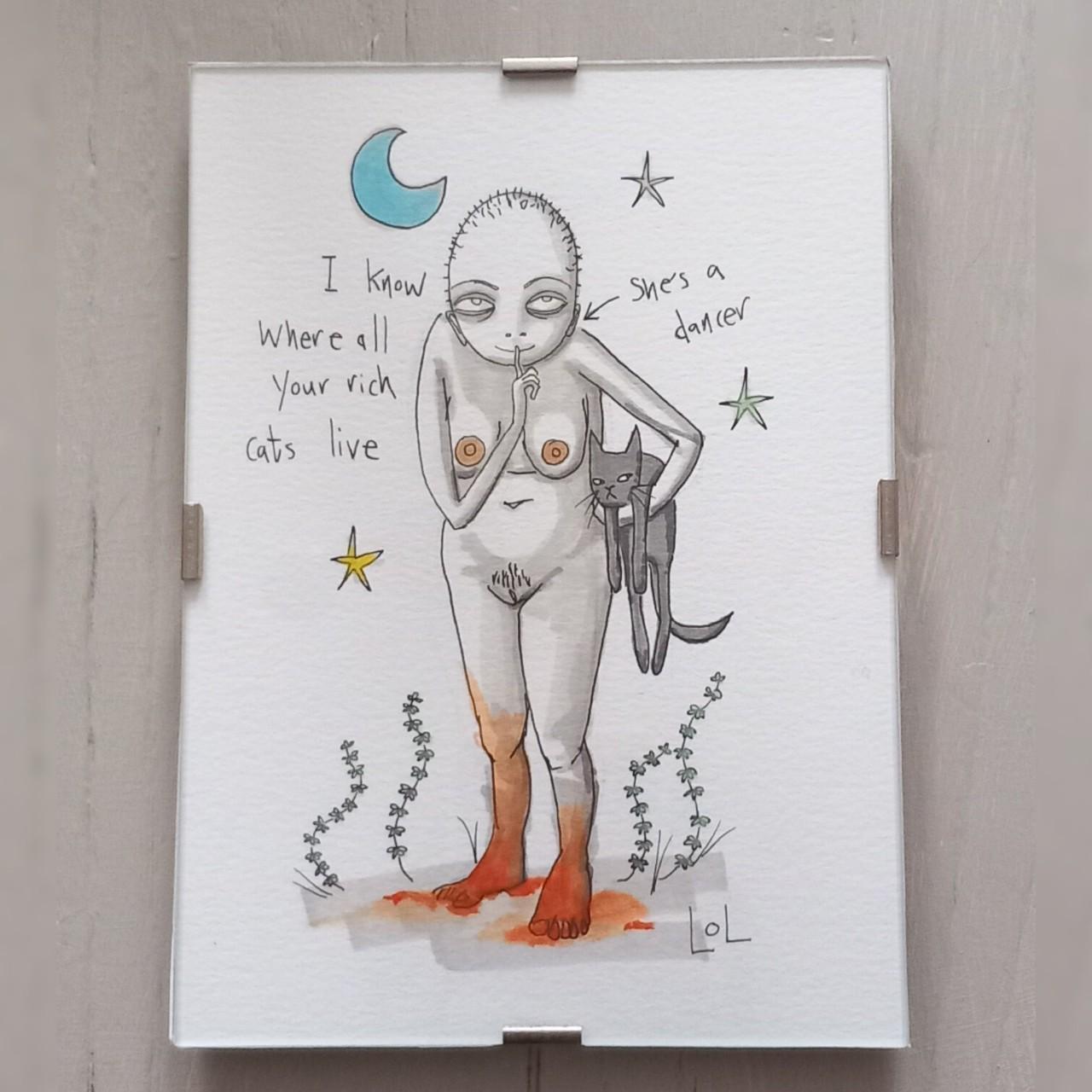 Framed quirky nude crazy cat lady picture drawing...