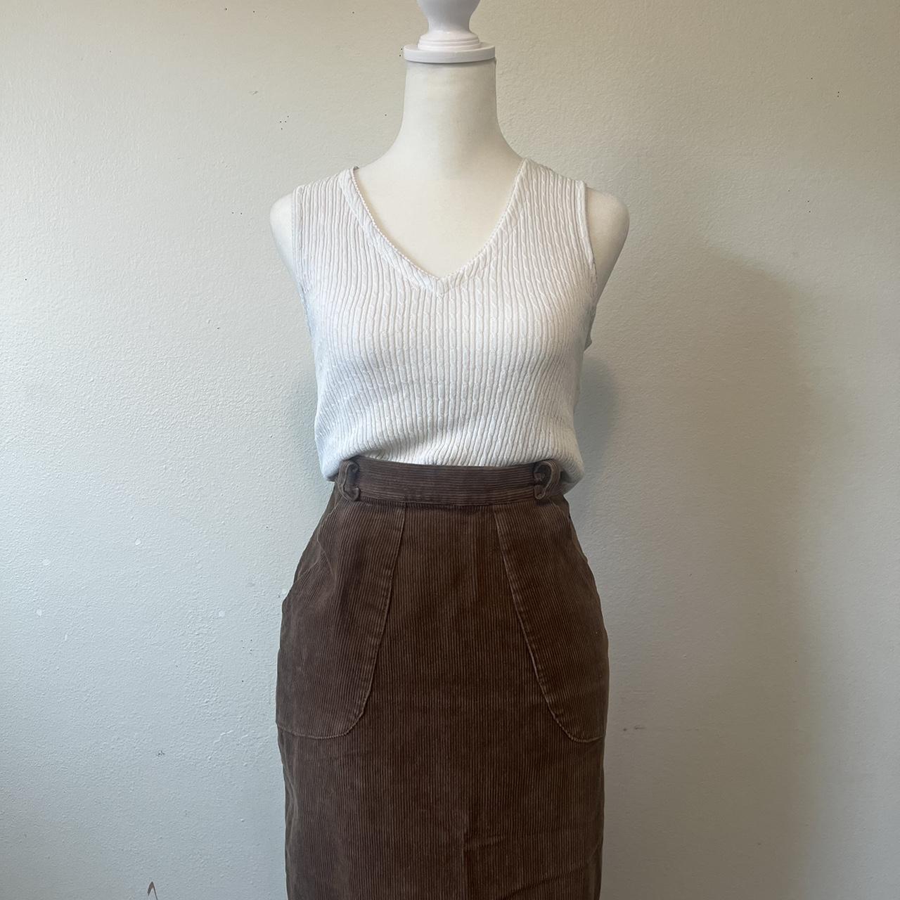 brown corduroy midi skirt high waisted with belt... - Depop