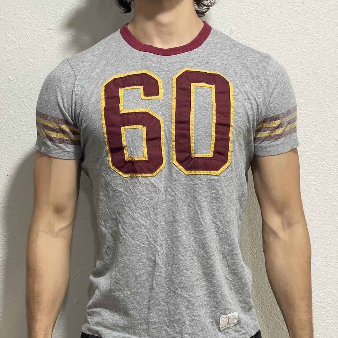 Abercrombie & Fitch Men's Grey and Burgundy Tshirt Depop