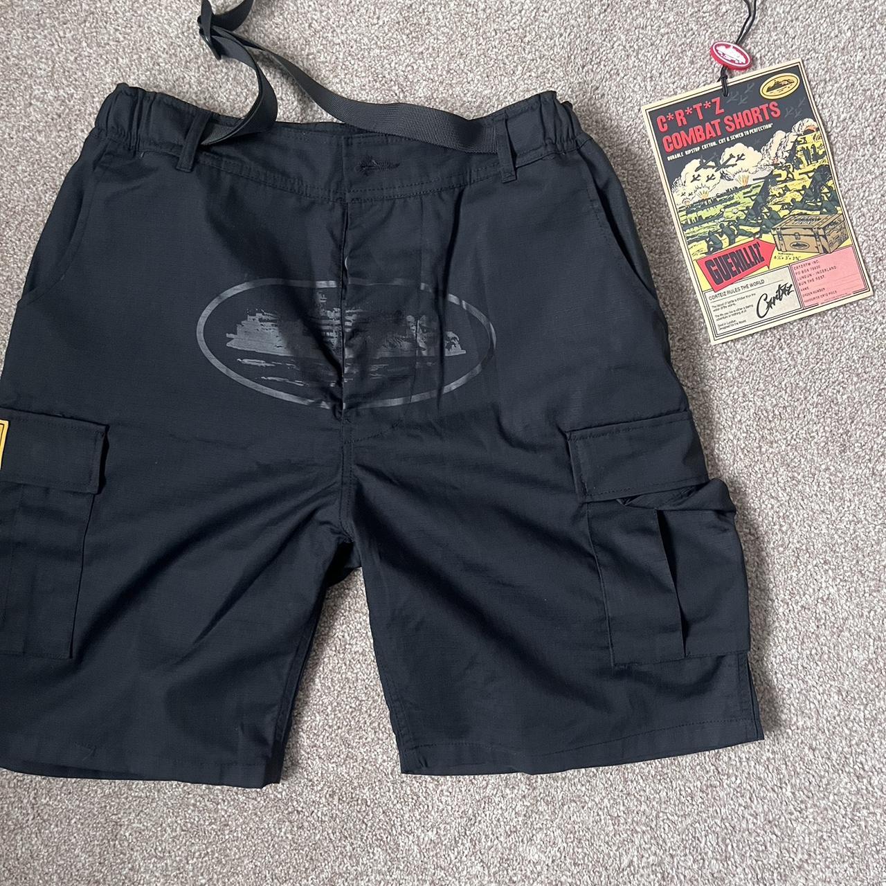 Corteiz Black Cargo Shorts In Triple Black Size L Depop