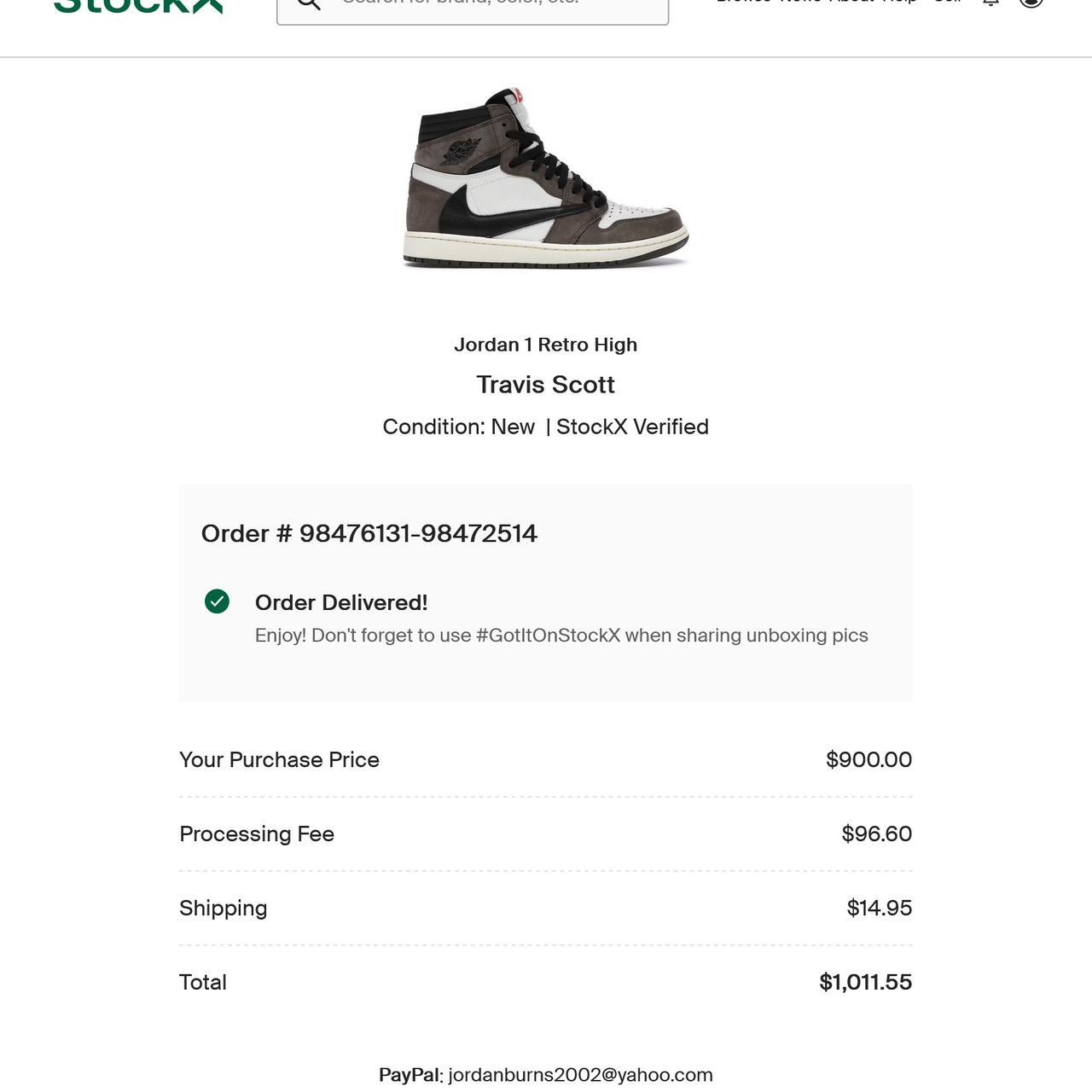 Receipt Stockx Emails Travis Scott Jordan Stockx Receipt