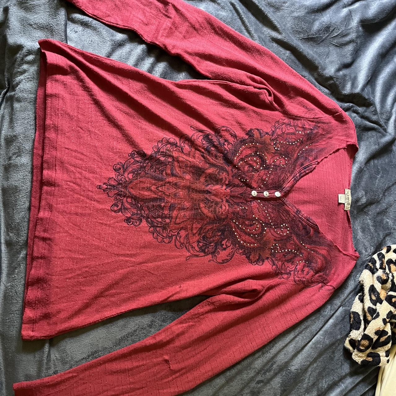 red large y2k long sleeve shirt, used, stretchy, was... - Depop