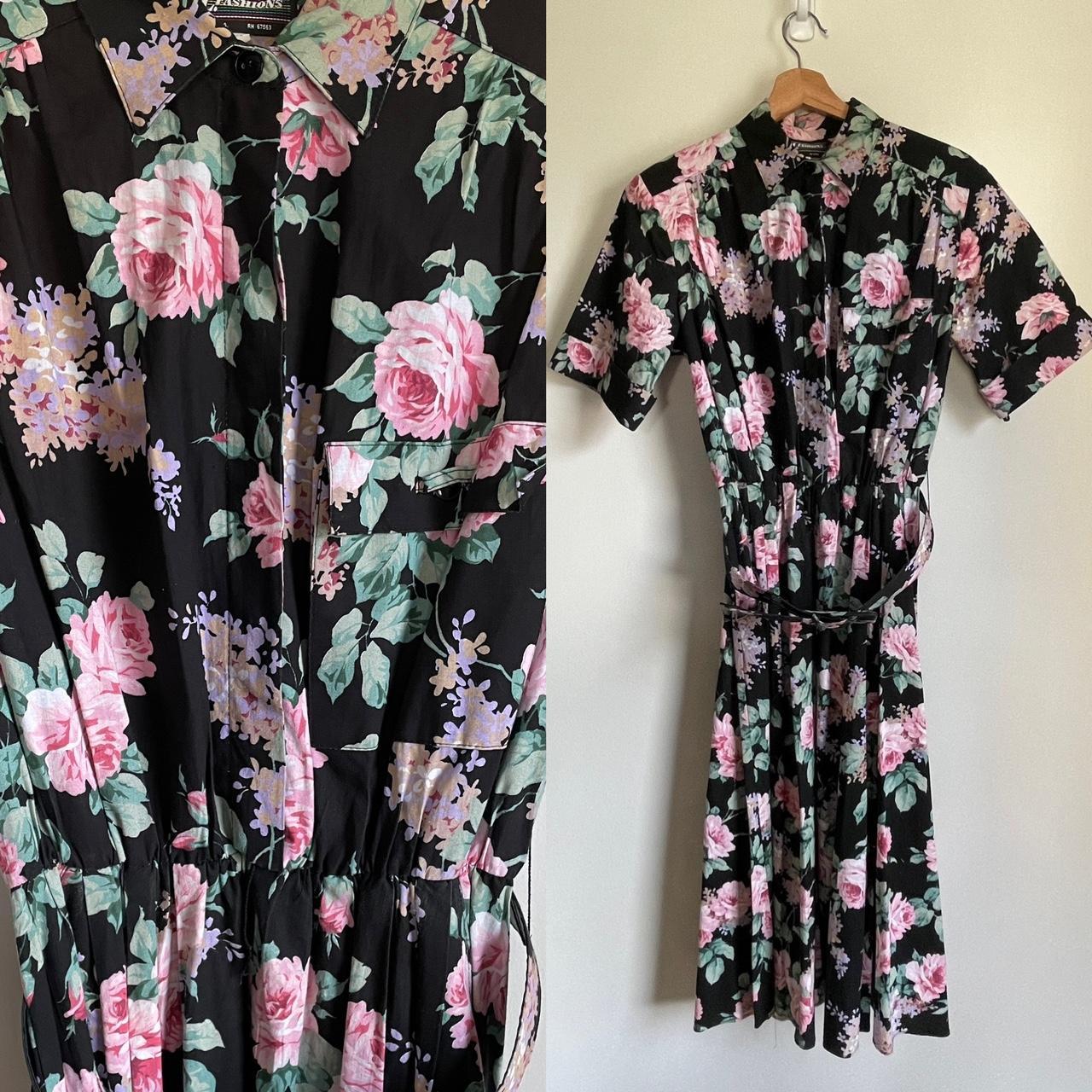 Vintage 80s Floral S L Fashions Belted Dress 100 Depop   P0 