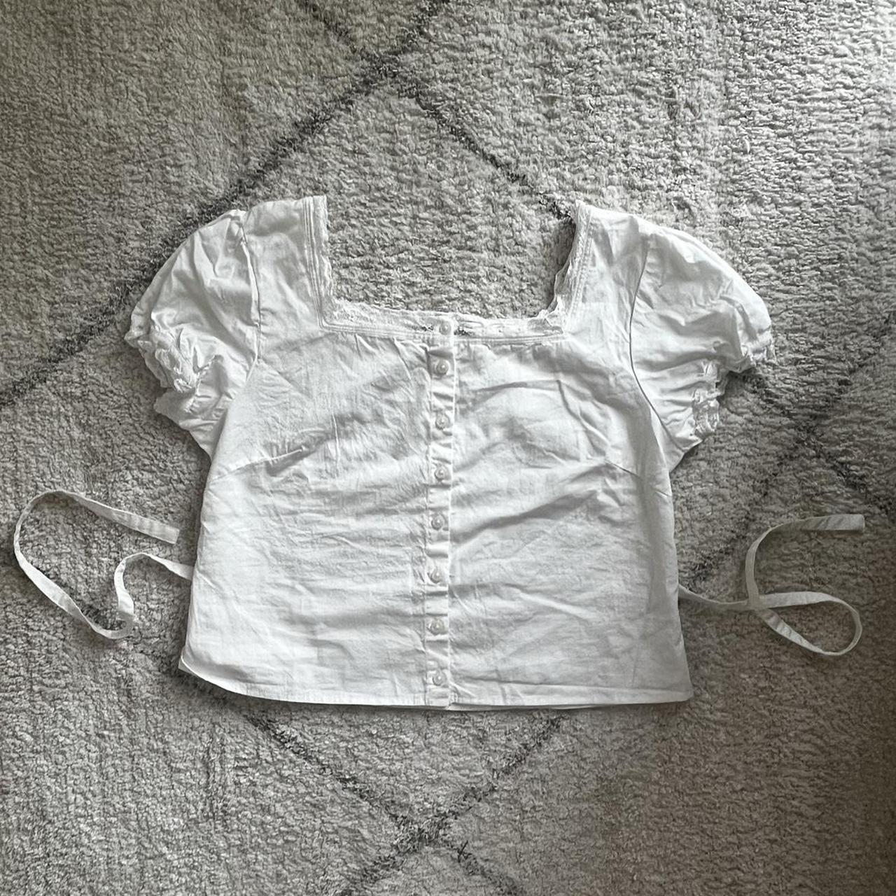 Brandy Melville puff sleeve lace trim top with ties... Depop