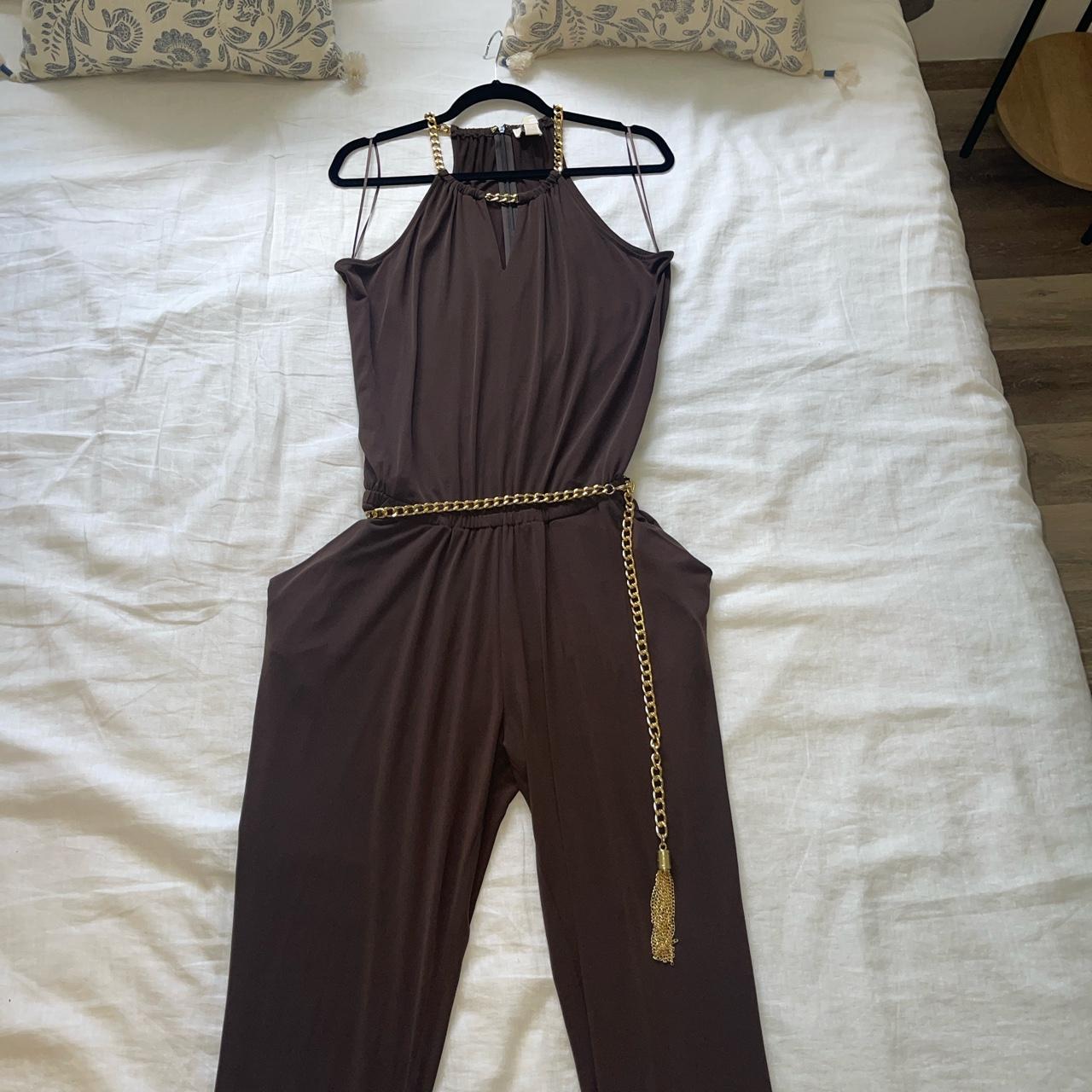 Michael Kors brown halter neck jumpsuit. Gold. Depop