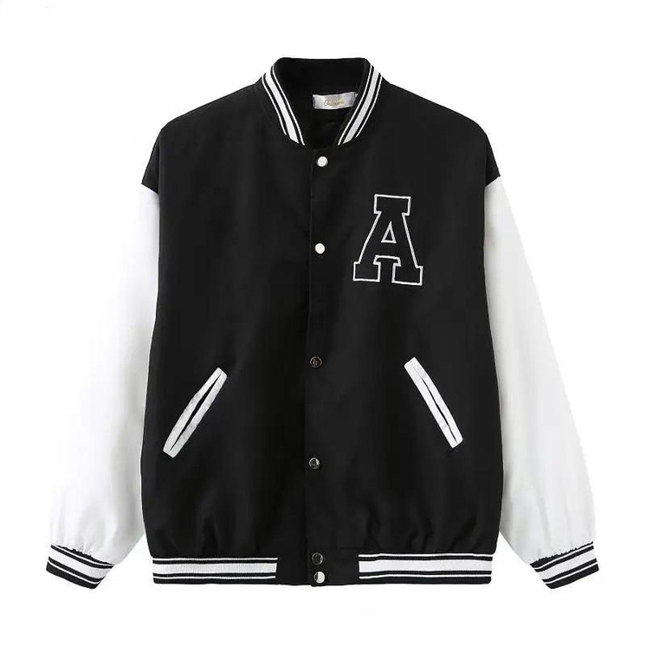 Letter Patched Striped Trim Drop Shoulder Varsity Jacket