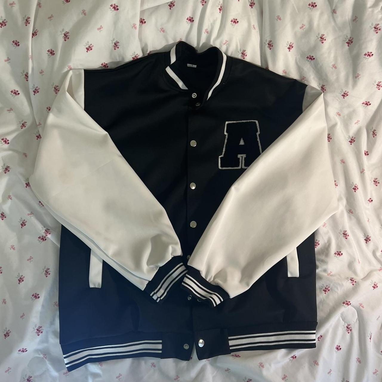 Letter Patched Striped Trim Drop Shoulder Varsity Jacket