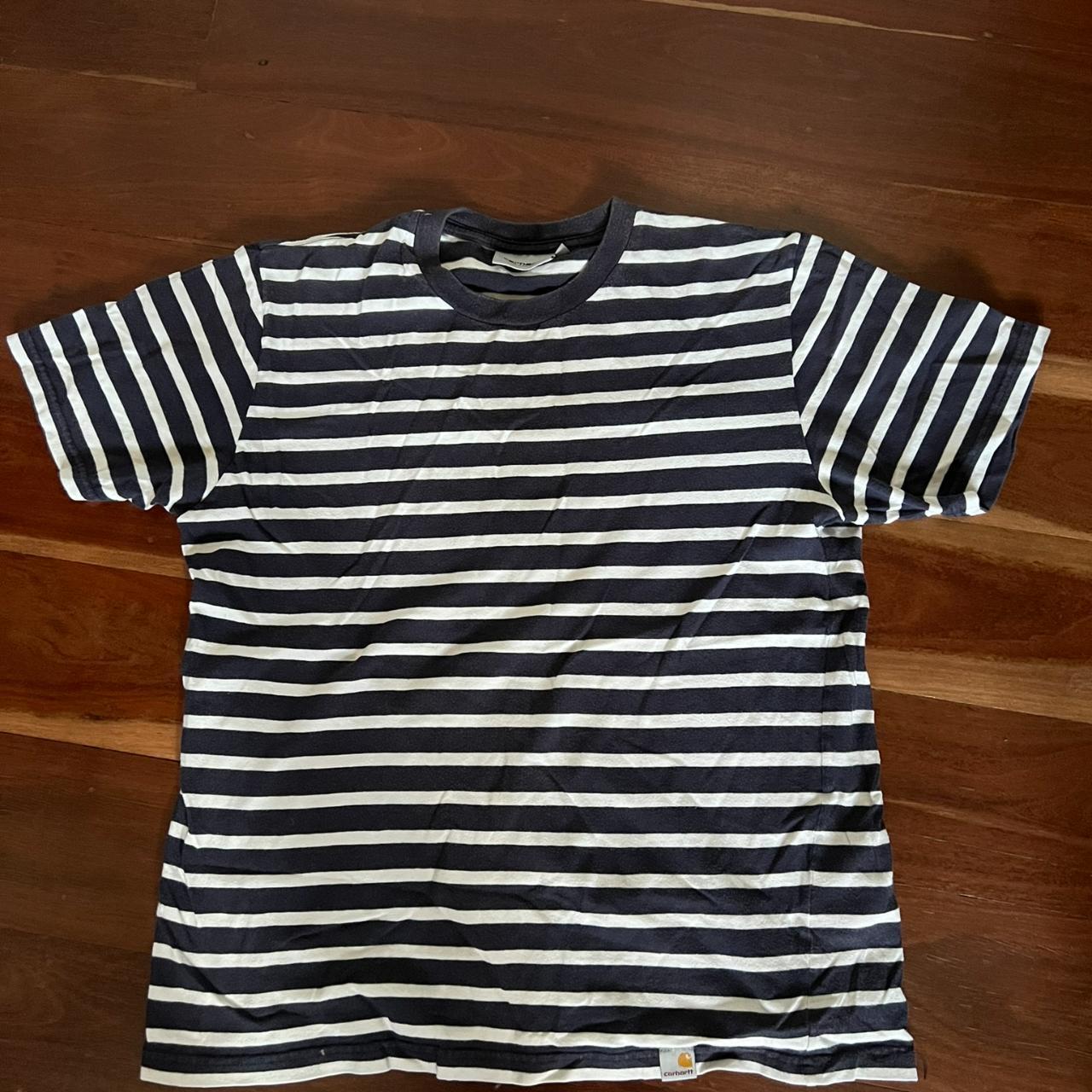 Carhartt Vintage Navy and White striped tee - Depop