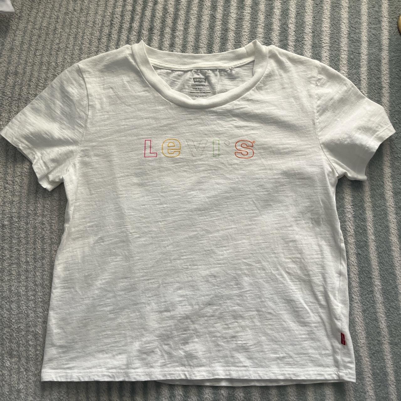 Levi’s white shirt with rainbow lettering size xs - Depop