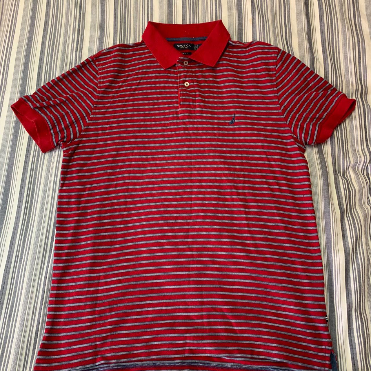 - Nautica striped red polo - Polyester material,... - Depop