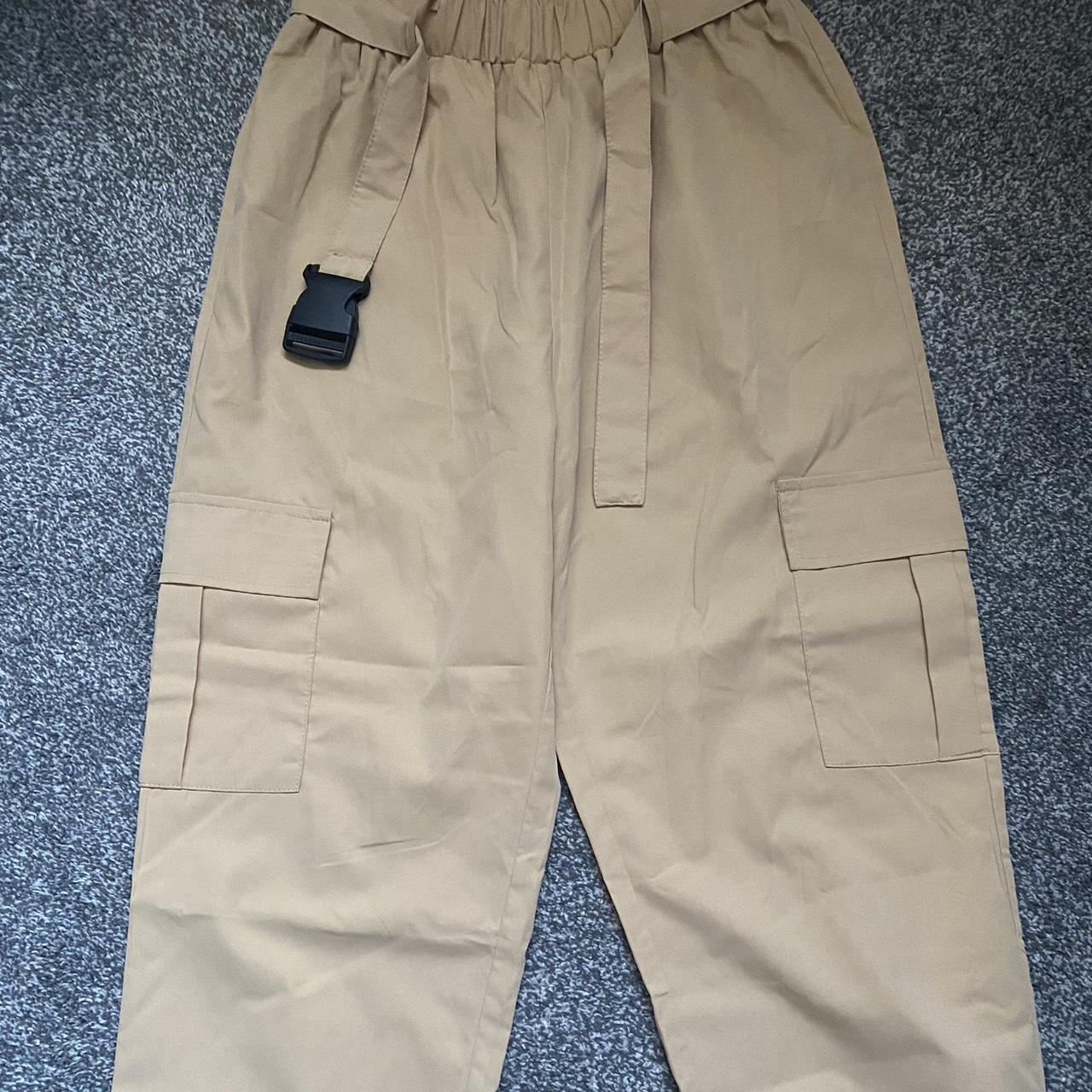 beige cargos with cuffed legs, comes with belt and... - Depop