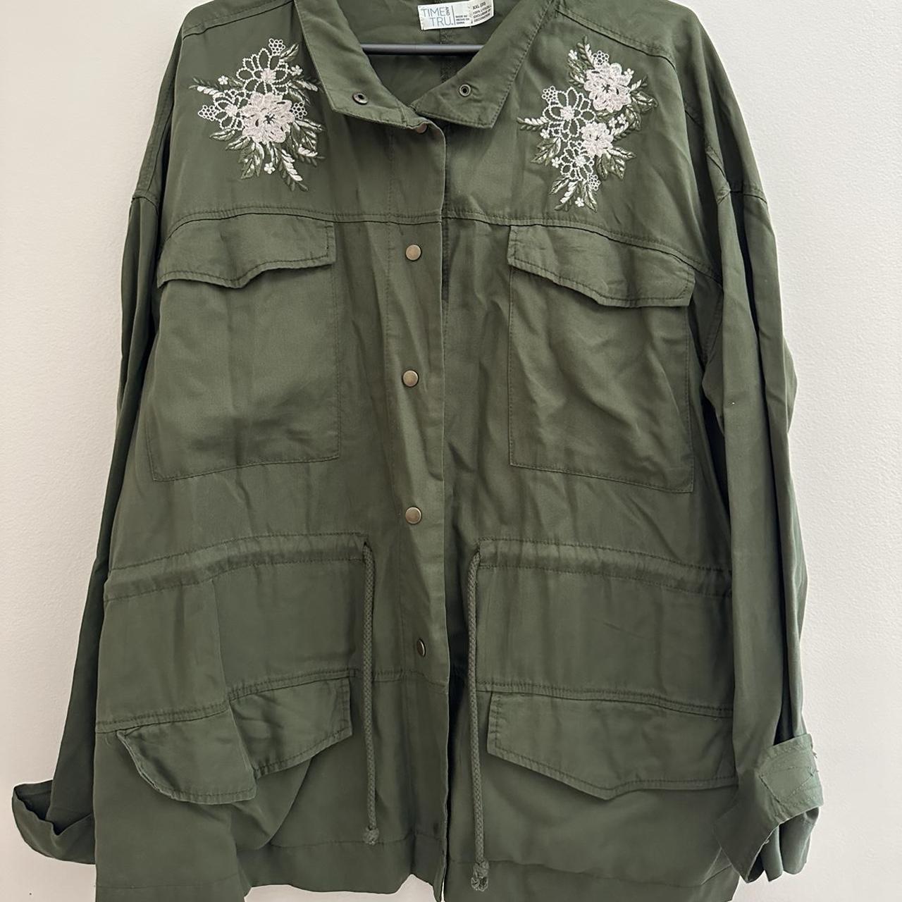 Army Green jacket with lovely floral stitching Four... Depop