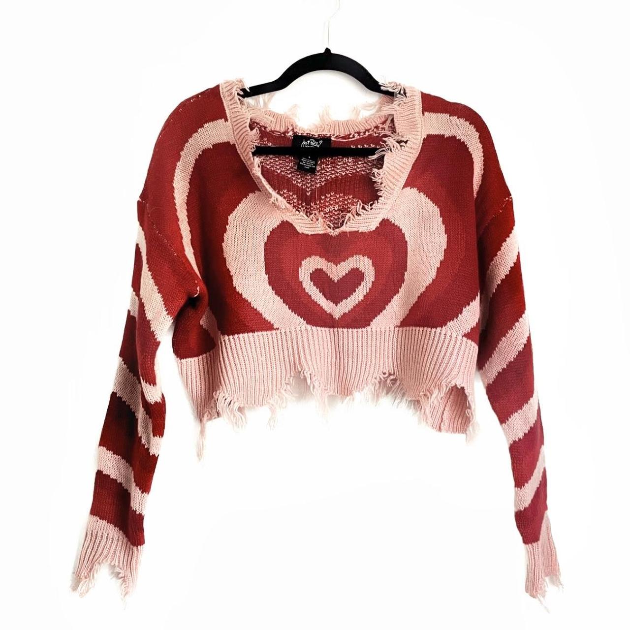 Like New · Pink and Red Heart Sweater plungeneck... Depop