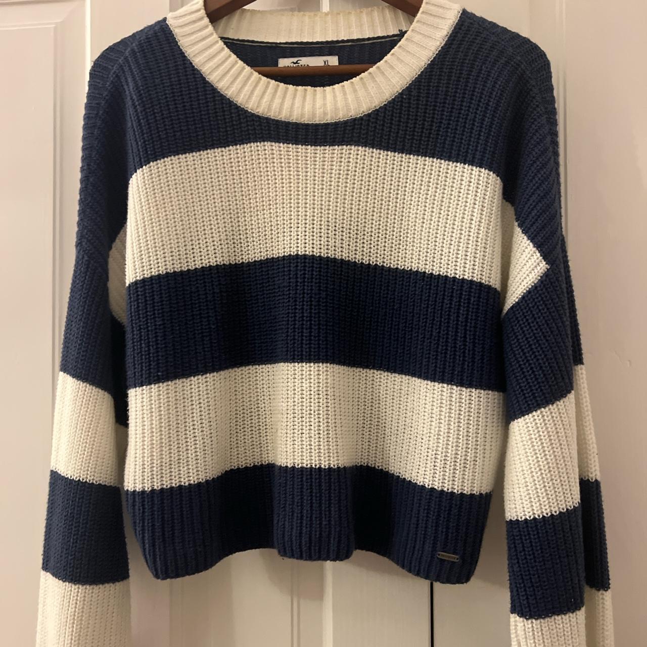 navy and white knit jumper, fits xl slightly... - Depop