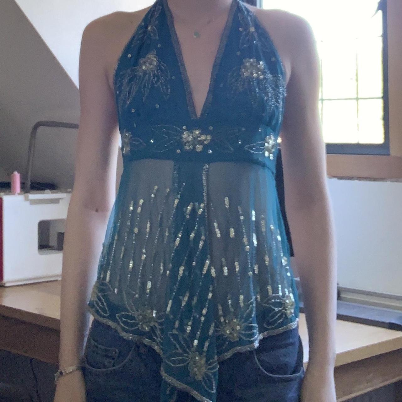 vintage blue baby doll top with open tie back fully... - Depop