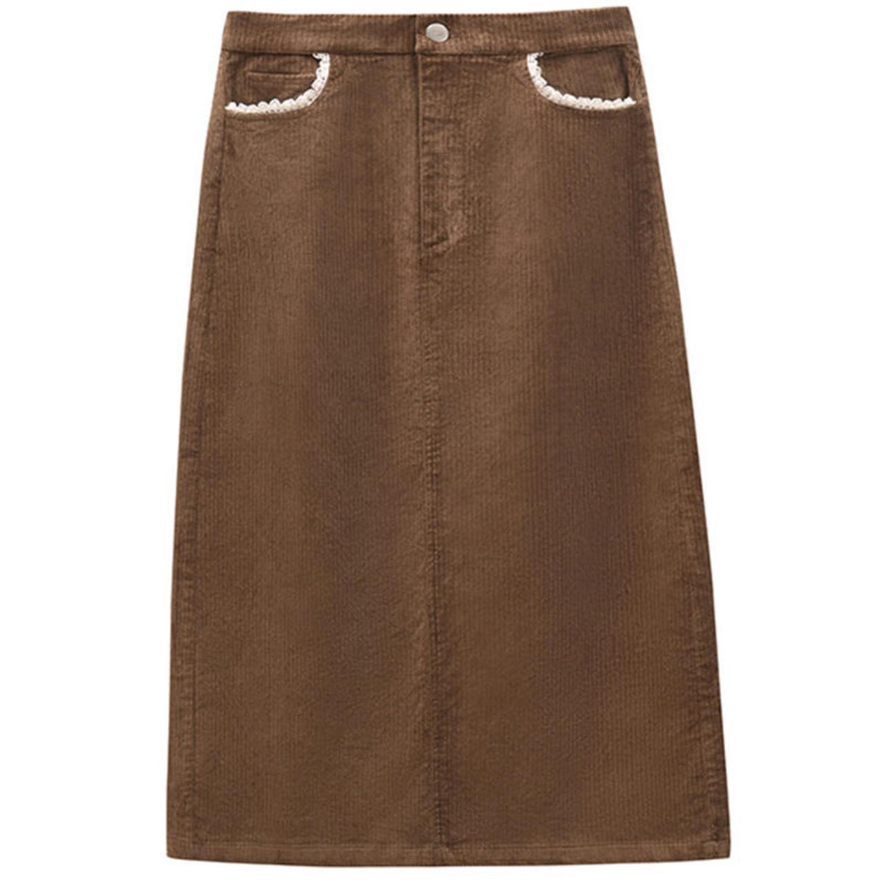 Vintage Brown Corduroy Midi Skirt with Lace-Trimmed... - Depop