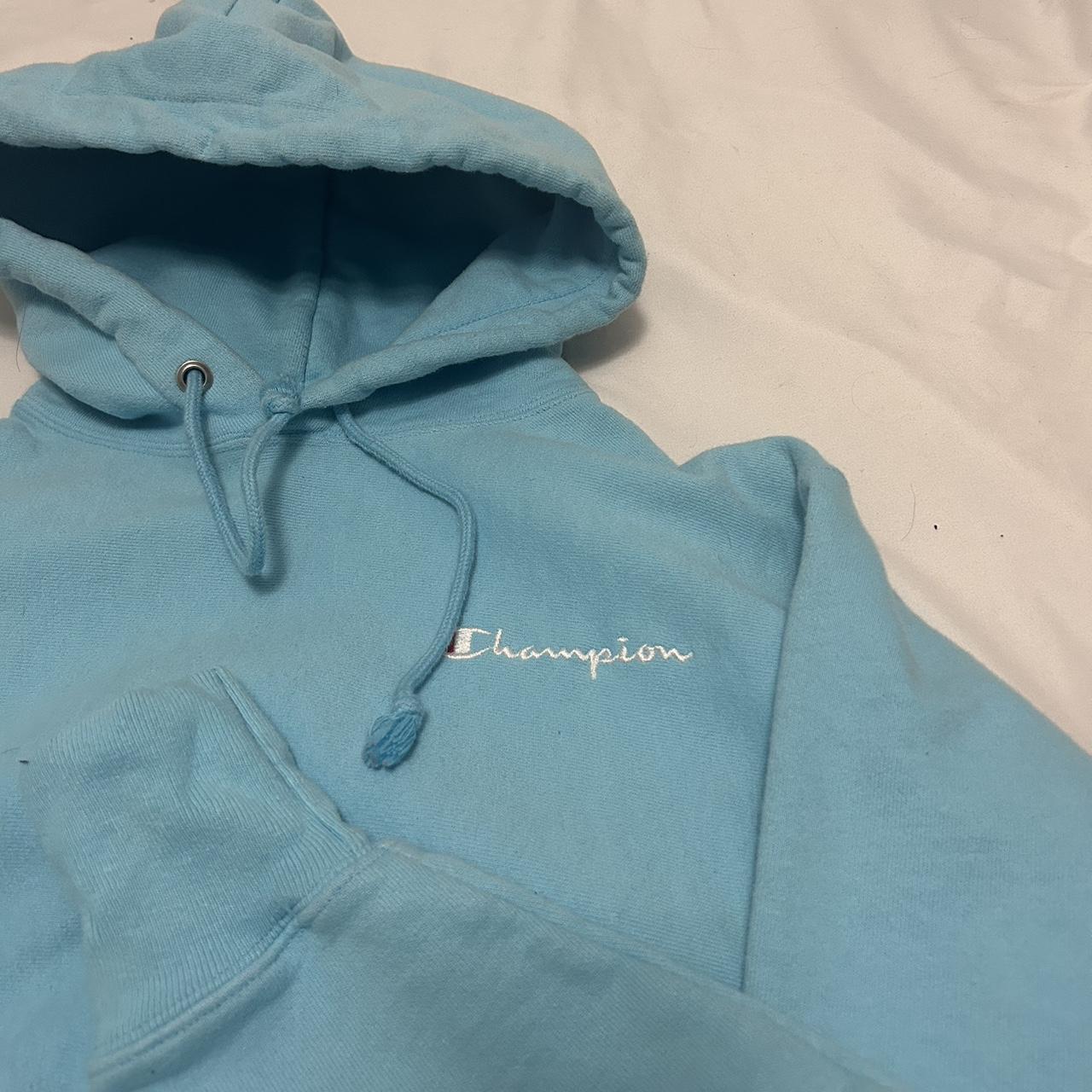 LIGHT BLUE CHAMPION HOODIE reverse weave size Depop