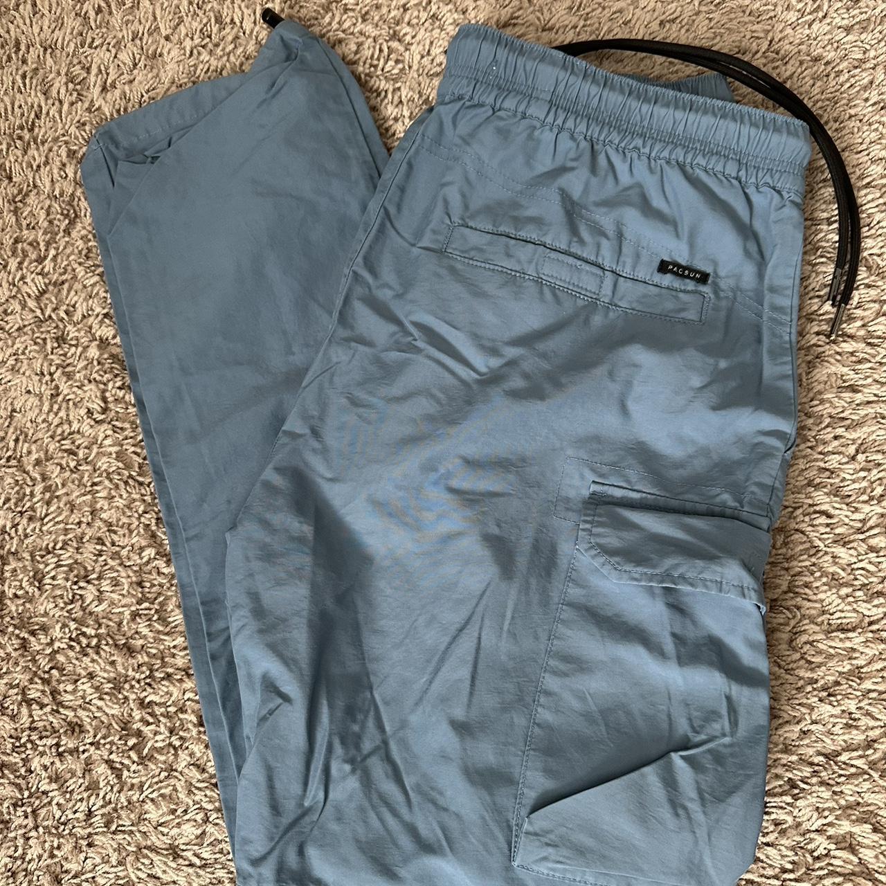 Men's baggy blue cargo pants PacSun Size small Four - Depop