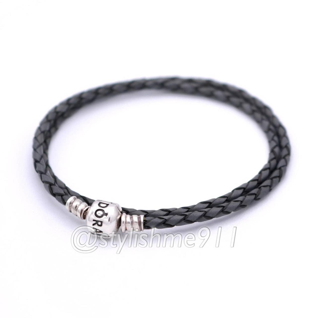 Double Dark Blue Leather Bracelet with Pandora Clasp Depop