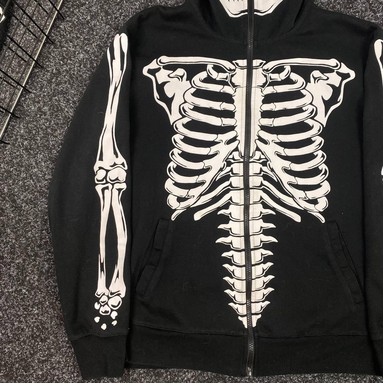 Man Zip Up Hoodie Skeleton Vintage Overprint Black... Depop