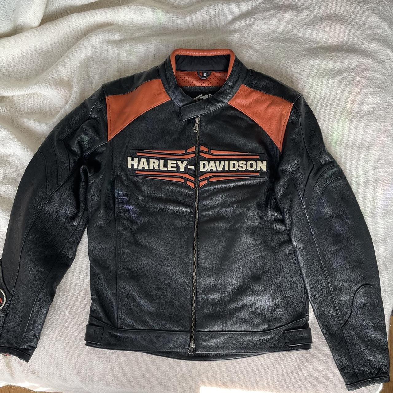 Harley davidson black store and orange leather jacket