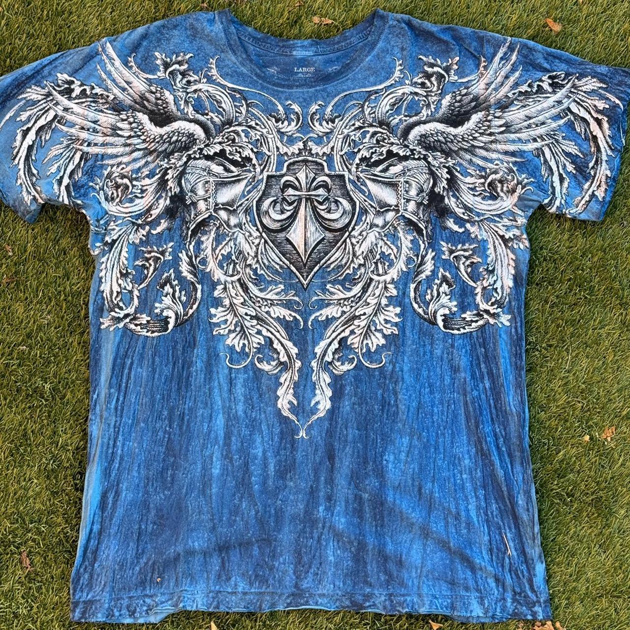 y2k affliction shirt with crazy wing design size... - Depop