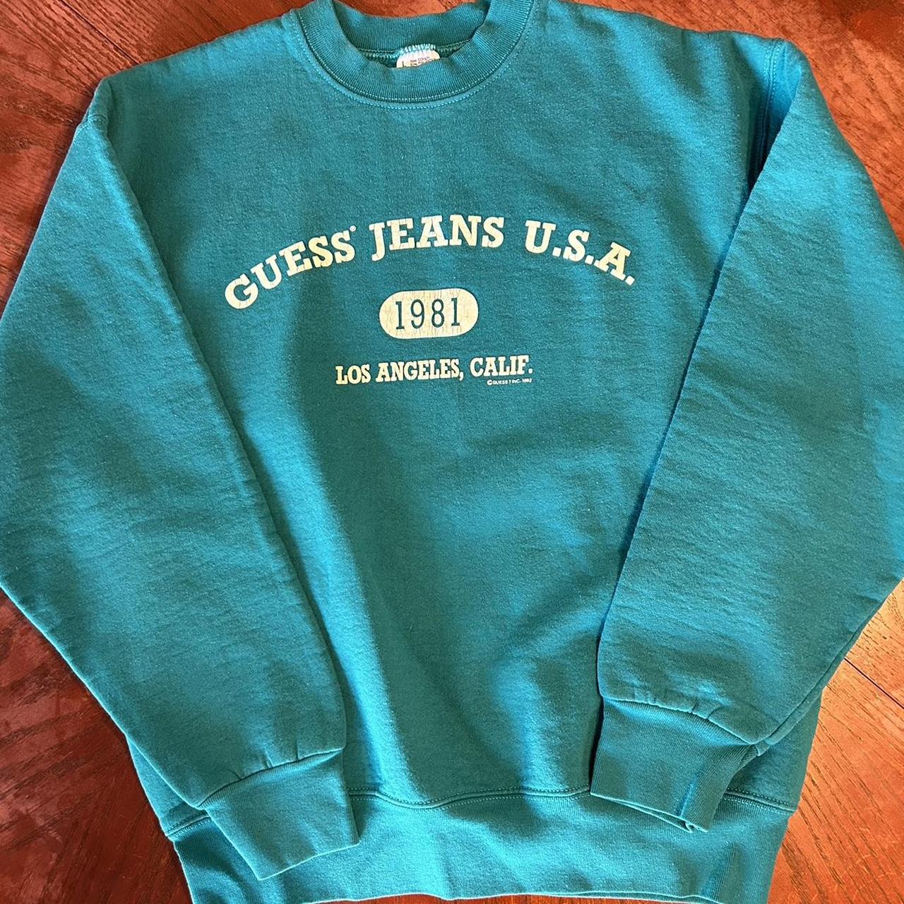 Guess Jeans USA True Vintage Teal Crewneck Minor... - Depop