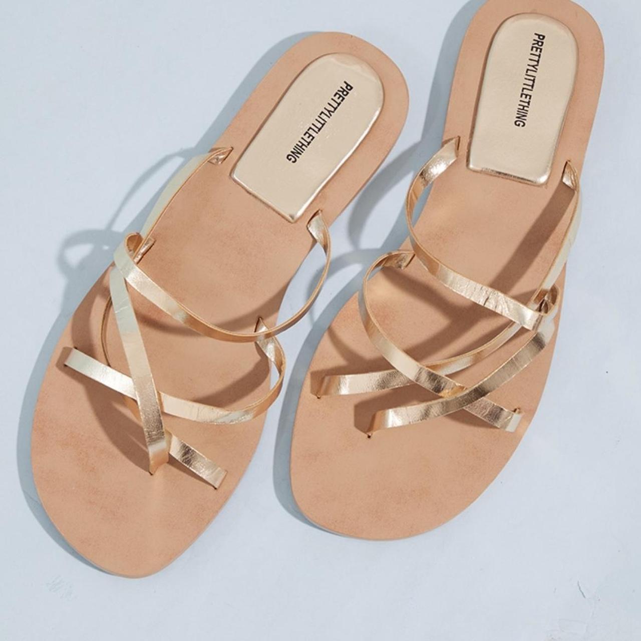 PrettyLittleThing Women's Gold Sandals Depop