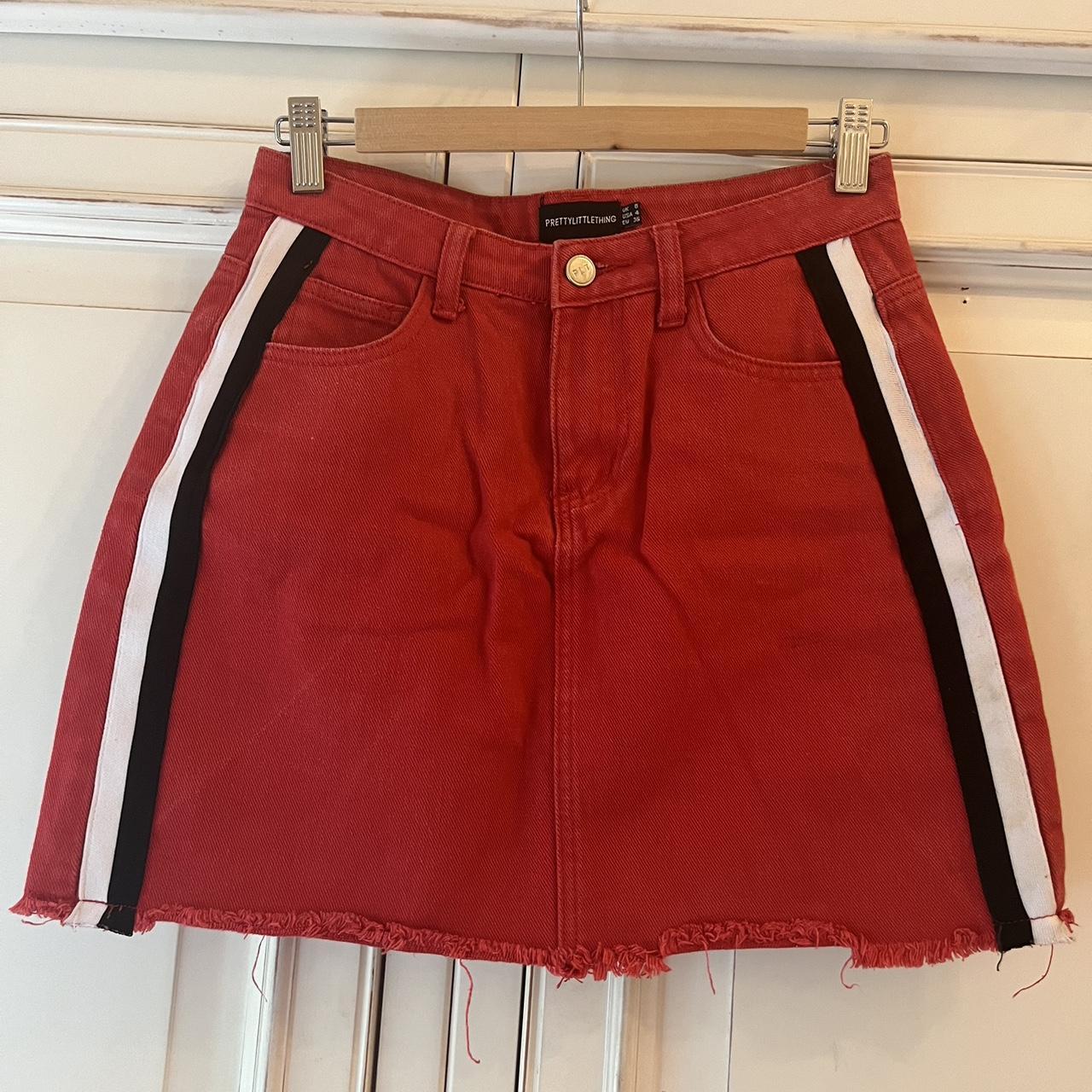 PLT red Denim skirt with white and black stripe