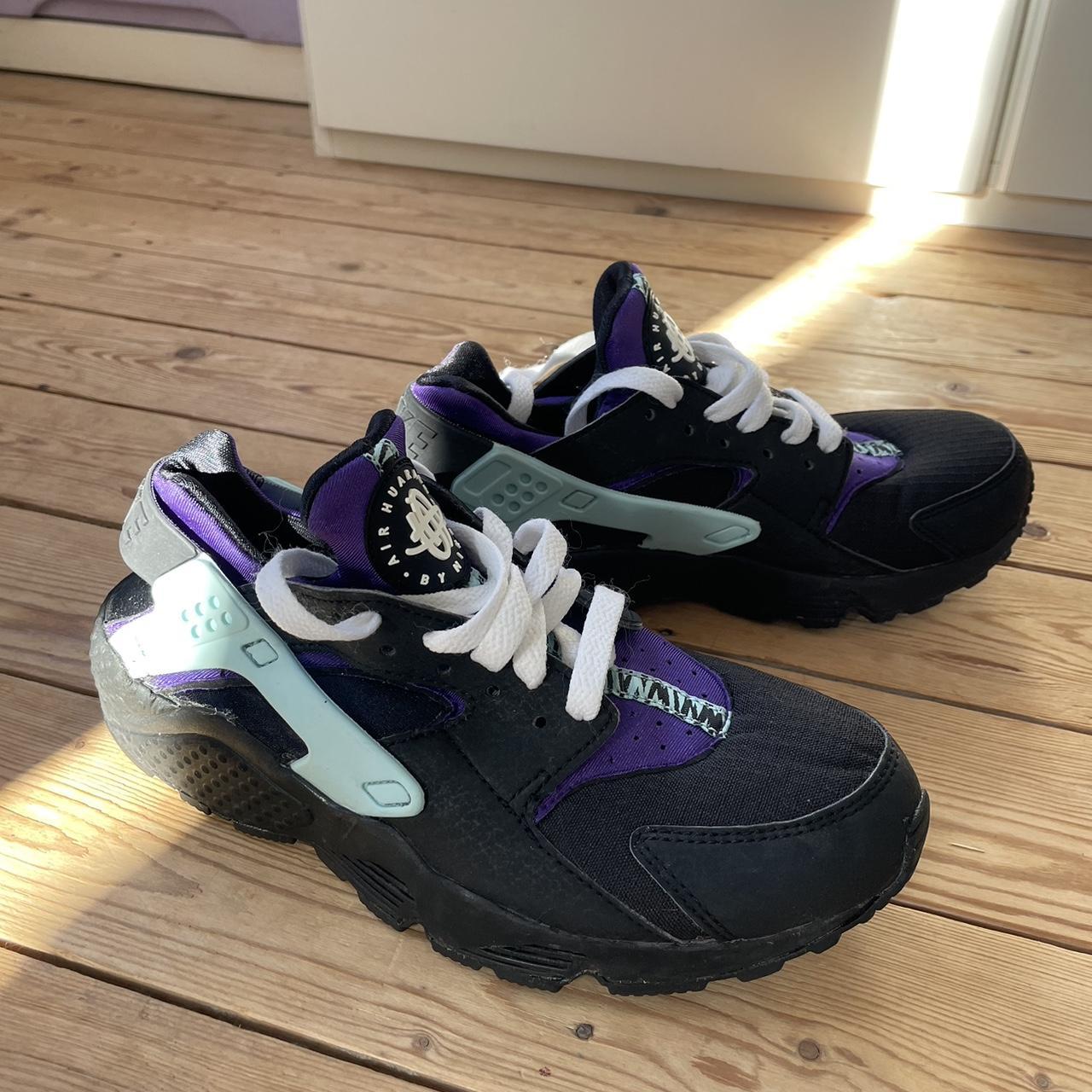 Nike Air Huarache black and purple trainers worn. Depop