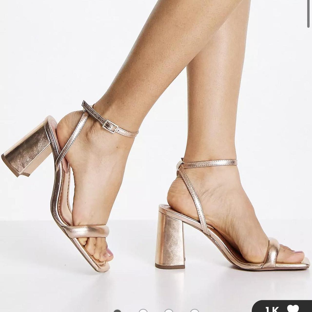 Rose gold strappy open toe block heel sandal from. Depop