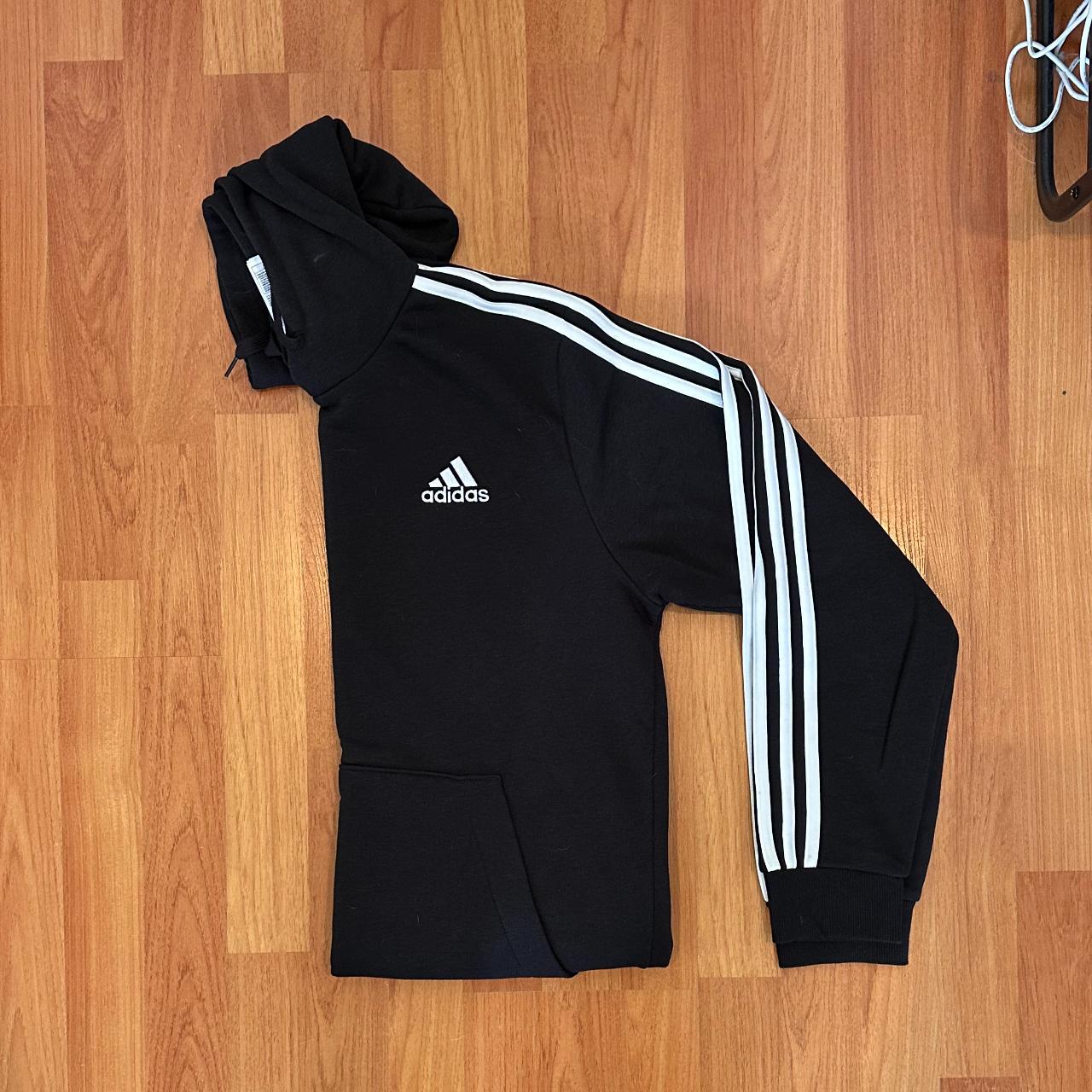 Adidas Black (with White Stripes) Hoodie; Medium... - Depop