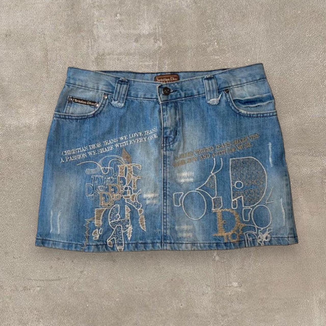 Mid-Length Pleated Skirt Blue and White Dior Bambou Cotton