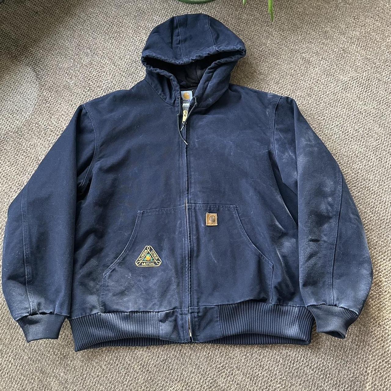 Navy Carhartt jacket hooded -10/10 condition -... - Depop