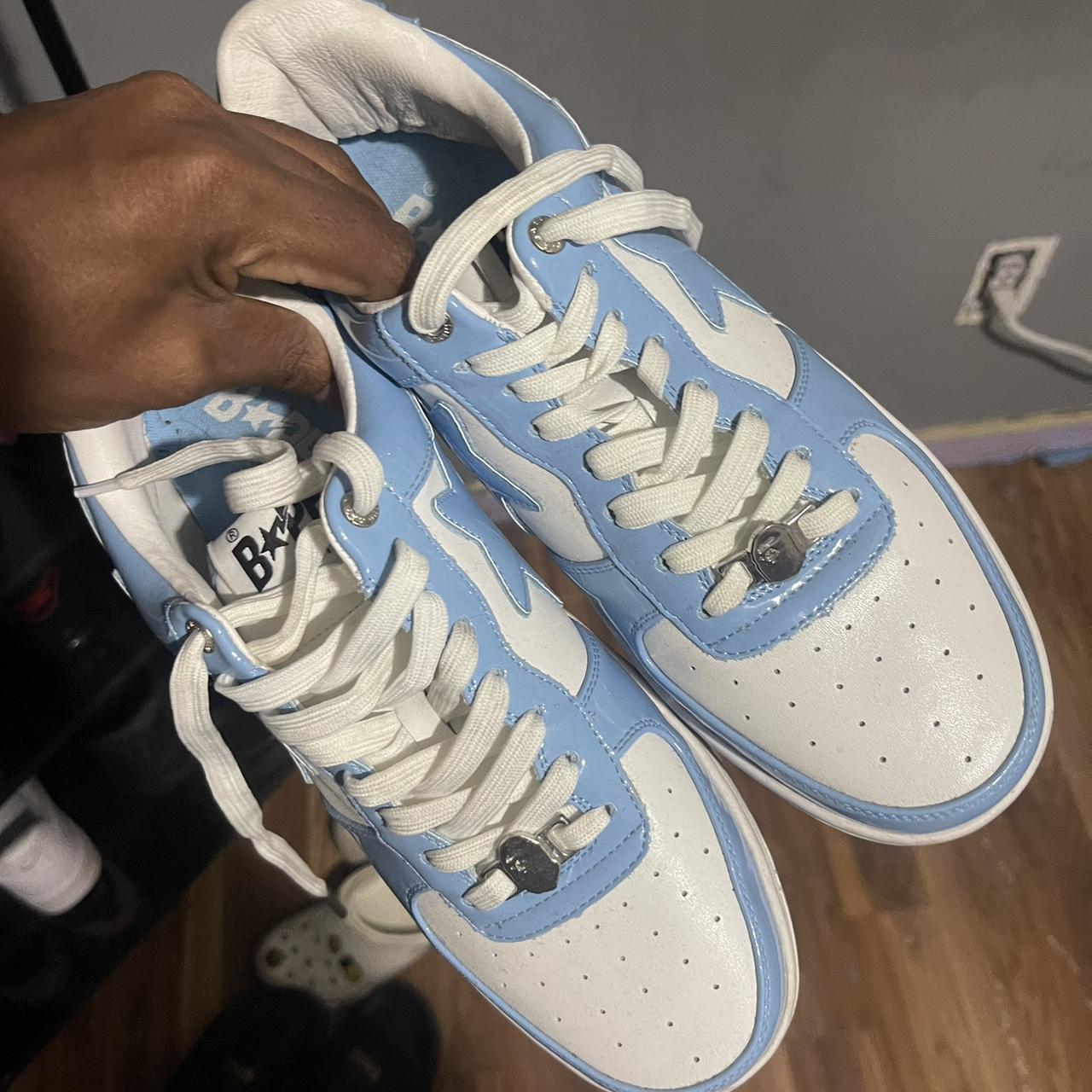 BAPE Men's White and Blue Trainers | Depop