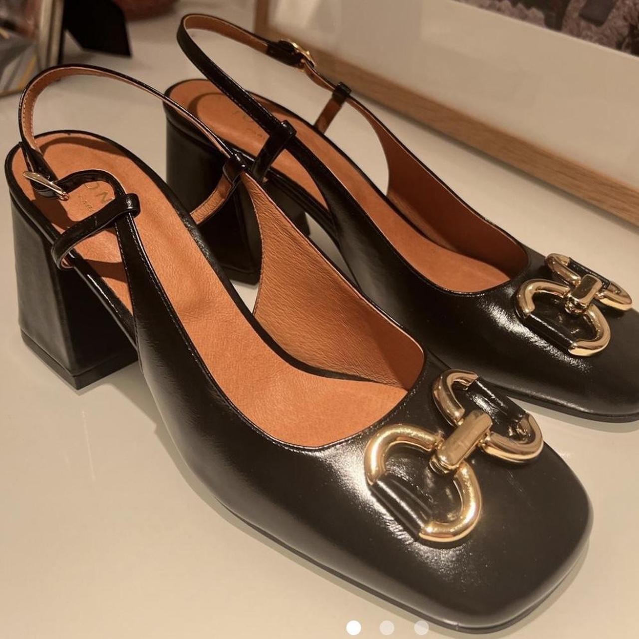 Jonak heels. Black sling back chunky kitten heels... - Depop