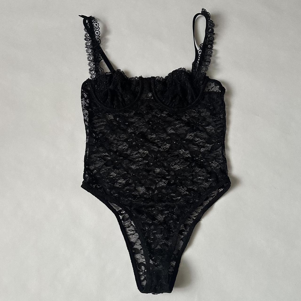 Black lace bodysuit ruffle straps. Best fit S - M... - Depop