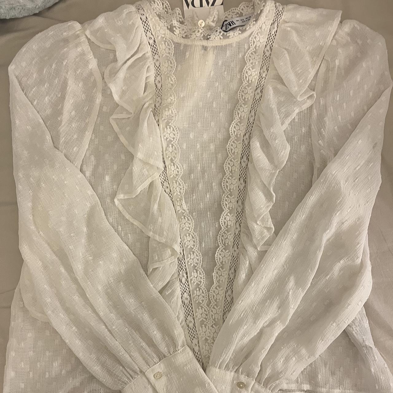 Zara white ruffle lace blouse Never worn Size S - Depop