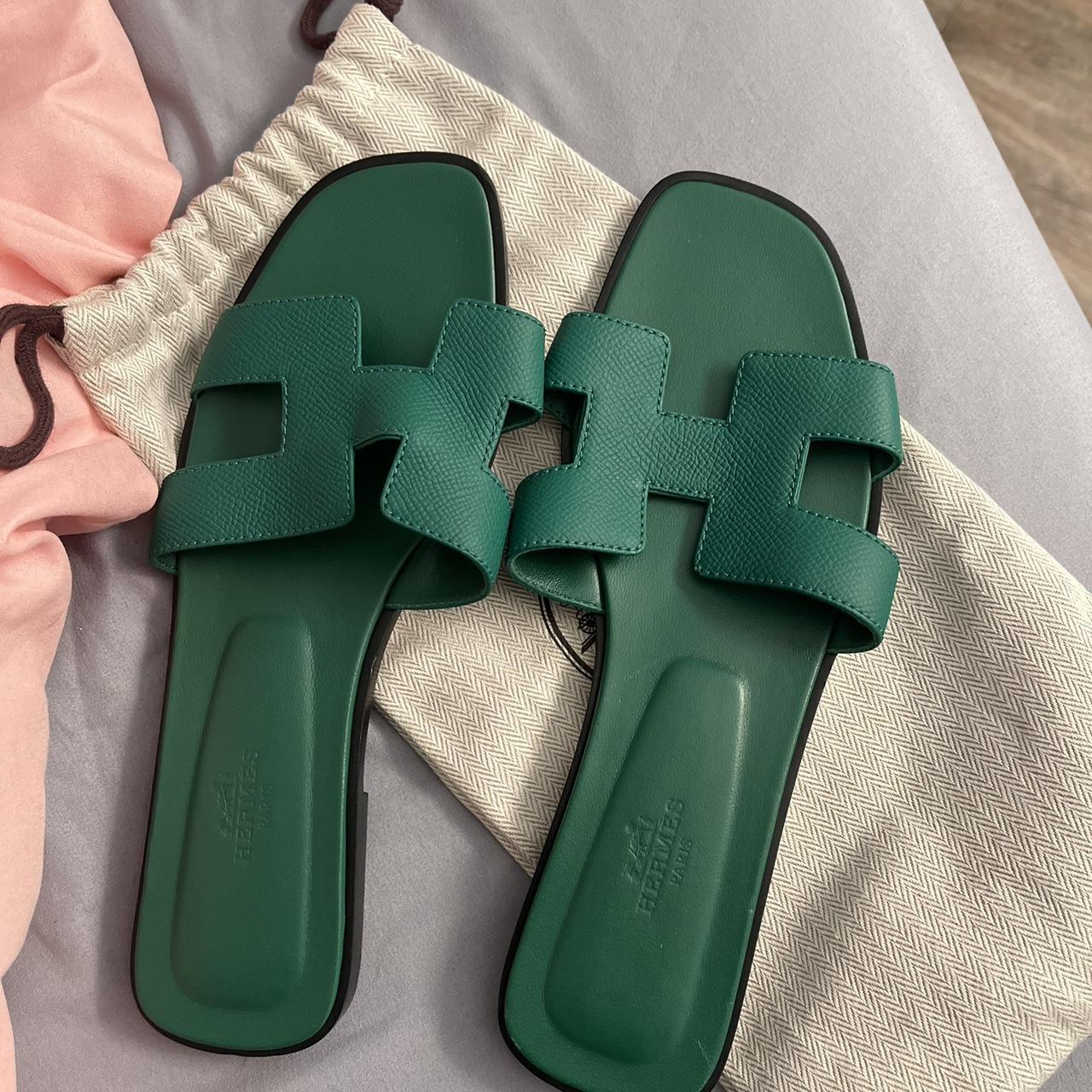 Hermes Women's Green Slides Depop