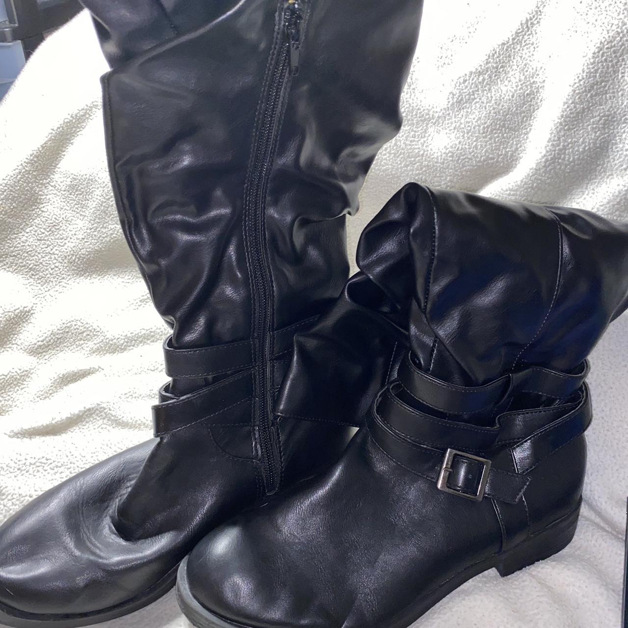 Black faux leather with belt straps boots - women... - Depop