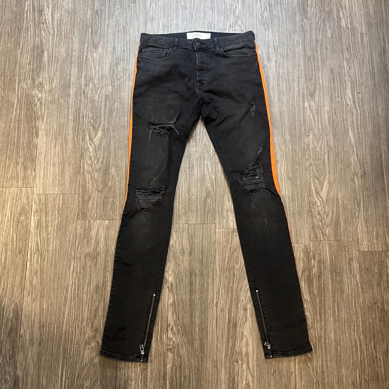 Black TOPMAN jeans with Orange stripe. Distressed