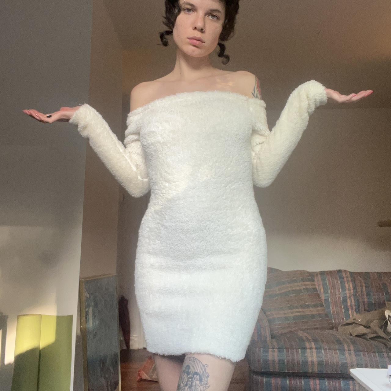 fashion nova white fuzzy off the shoulder body con. Depop