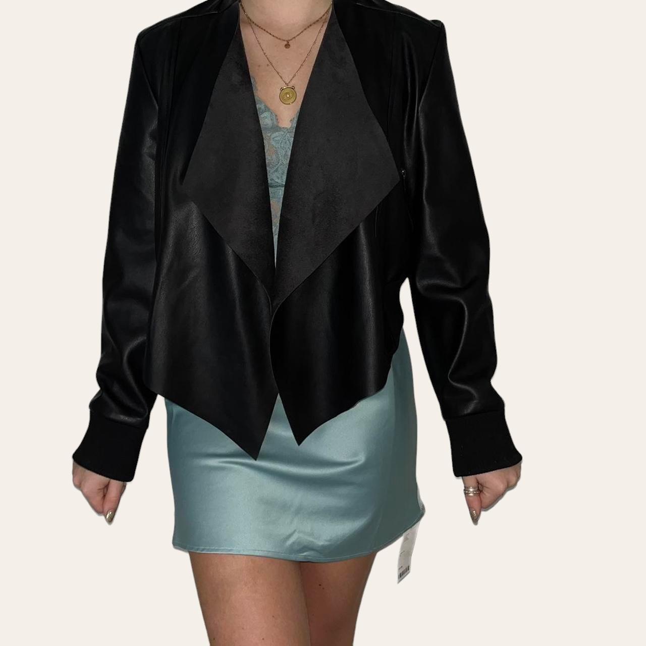 Black Faux Leather Waterfall Jacket PRICING AND