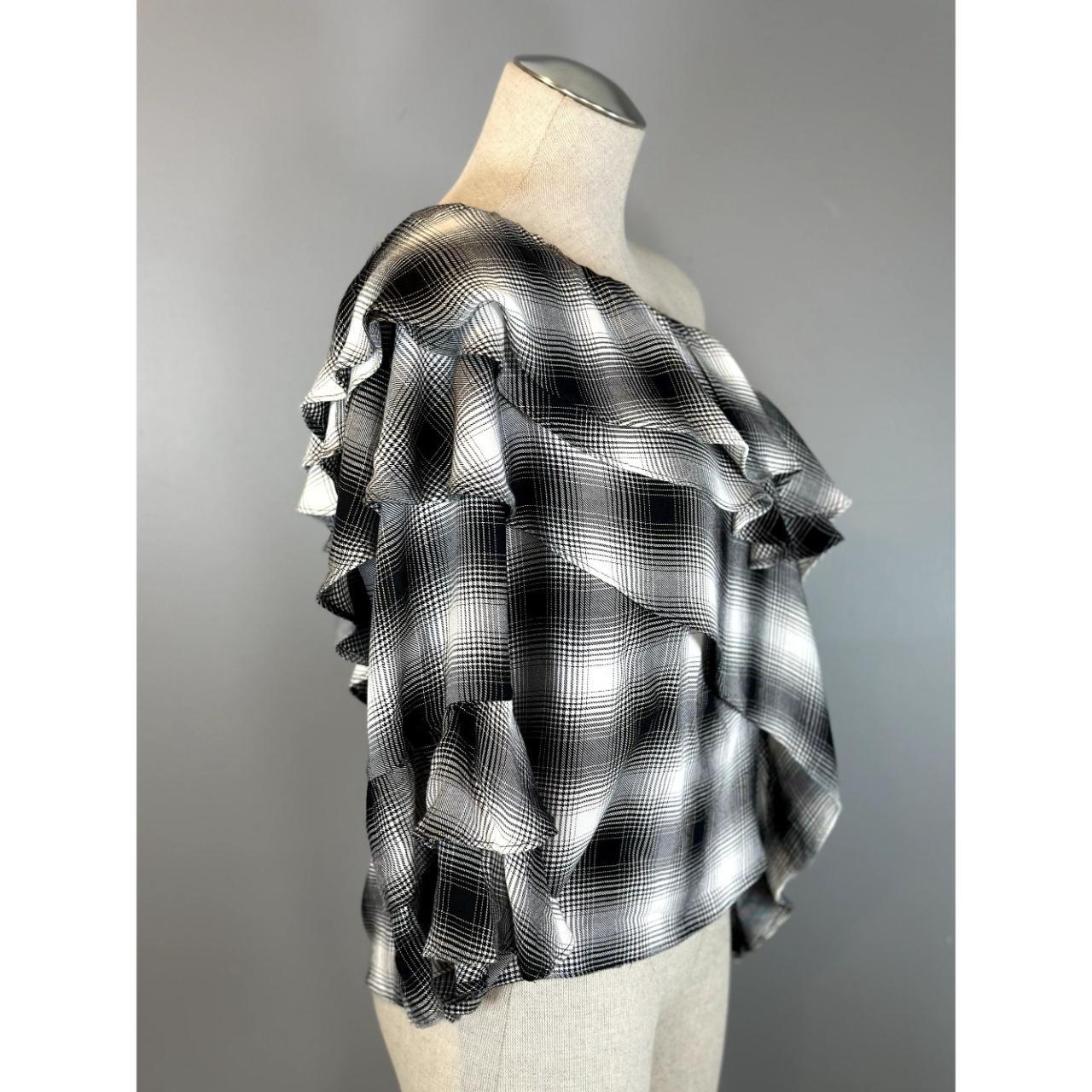 Sz M Alice factory + Olivia Hilaria One-Shoulder Plaid Ruffle Blouse