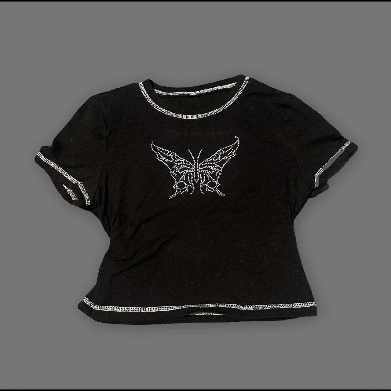 black crop top with butterfly gem rhinestone design... - Depop