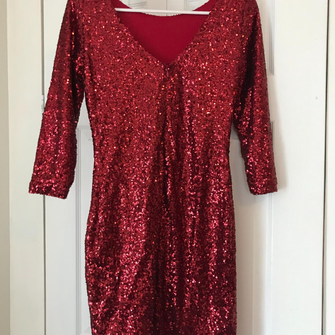 Red Sequin Party Holiday Minidress. Slim fit all