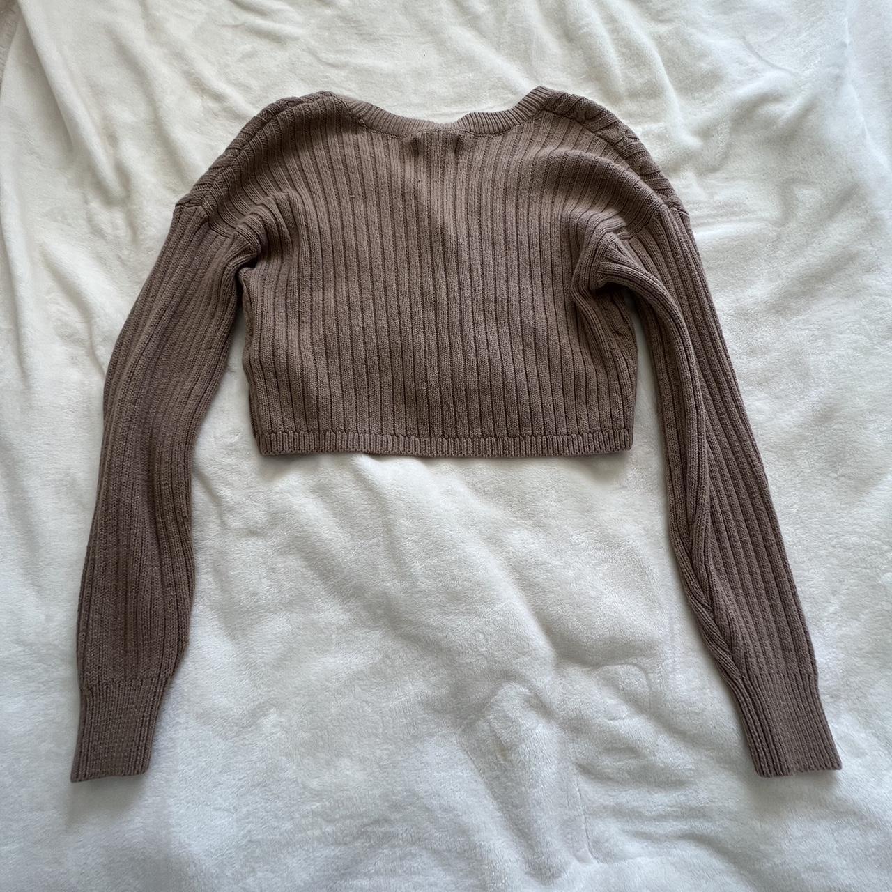 Hollister cable knit brown button down sweater Size:... - Depop