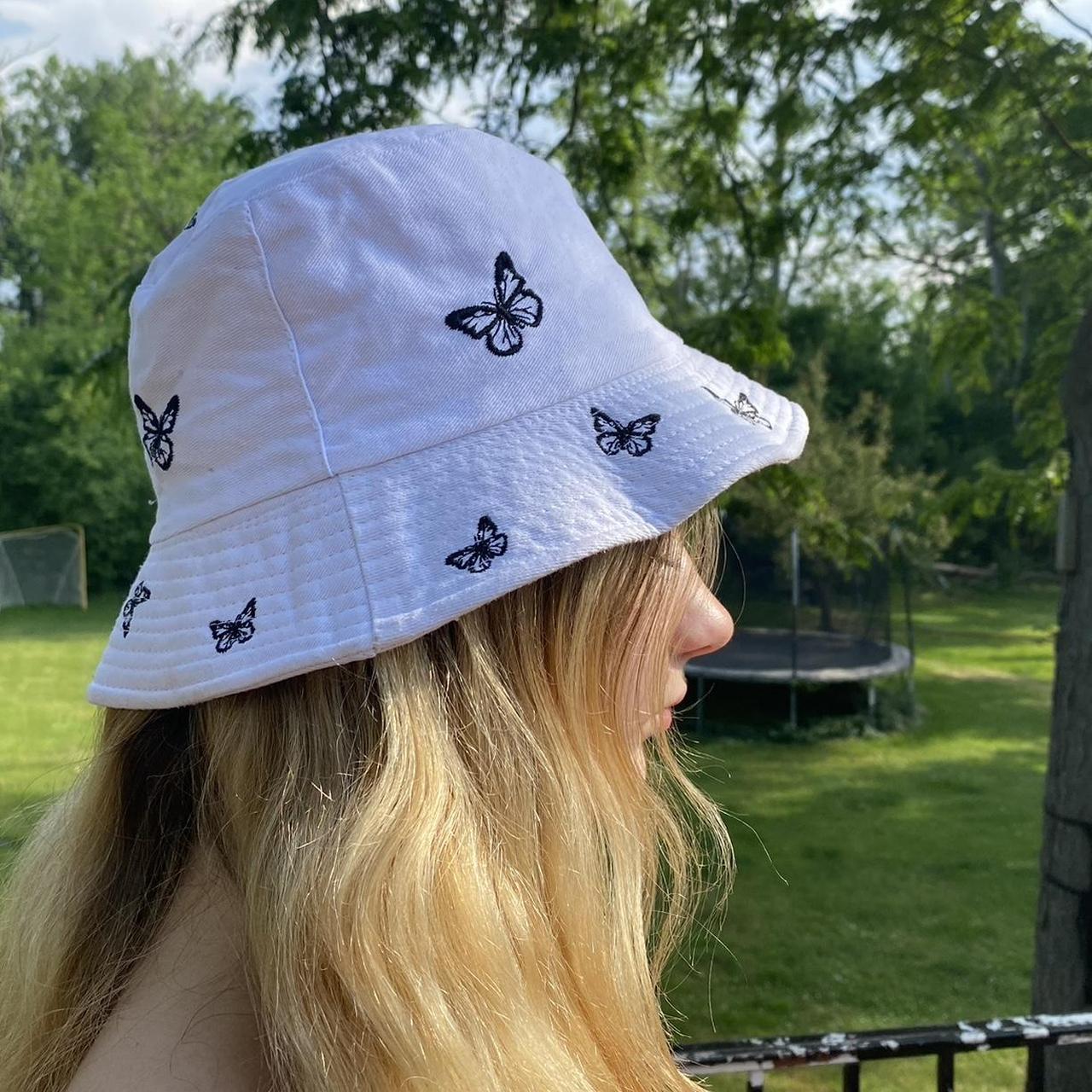 White butterfly bucket hat - Depop