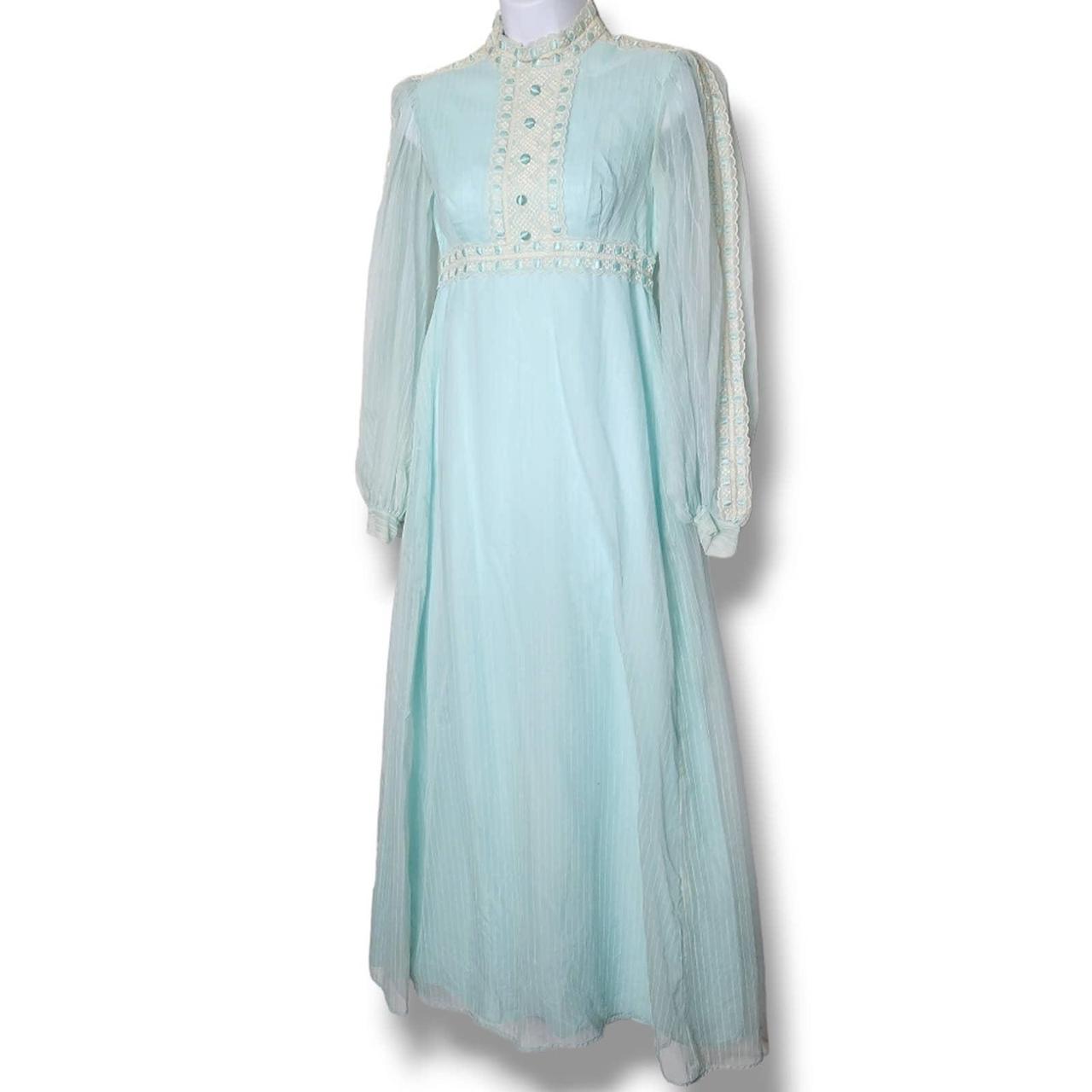 Vintage 1970's Mint Green Gown Sheer Puffy Sleeve...